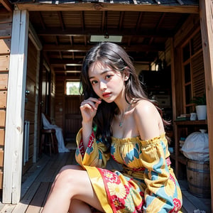 a young woman sitting on a wooden staircase in a hut. She is wearing a long, flowing dress with a red and yellow pattern. The dress has a strapless neckline and long sleeves. She has long dark hair and is resting her head on her hand. The hut has a thatched roof and there are various items scattered around the room. The overall atmosphere of the image is rustic and cozy.