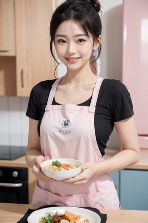 beautiful, 1girl,
(Black hair:1.2), hair tied up into a bun
smile, blue T-shirt under pink apron, hk_girl, holding a big delicious meal dish with both hands, kitchen background, wife, waifu,blurred background