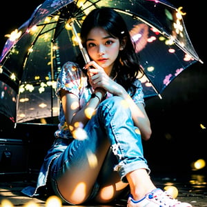 A whimsical Asian woman sits cross-legged on a dark, hazy night ground, surrounded by an ethereal glow emanating from her transparent umbrella adorned with blue fairy lights. She wears a bright red t-shirt and light blue jeans, complemented by white sneakers. The background darkness is punctuated by subtle lighting, highlighting the umbrella's magical ambiance and her serene expression. Trails of soft light radiate from the ground towards her hands, adding to the enchanting atmosphere.