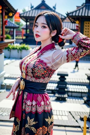 Photo of a chubby dancer wearing a unique motif batik kebaya with red and black colors, temple in background, low angle shot, motion blur, unsplash photography style,masterpiece,best quality