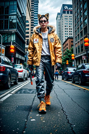 solo, looking at viewer, 1fox, standing, jacket, tail, male focus, outdoors, shoes, pants, hood, water, fox ears, fox tail, building, sneakers, furry, reflection, science fiction, city, furry male, mechanical arms, cyborg, prosthesis, fox, orange jacket, cyberpunk, mechanical legs, orange fur