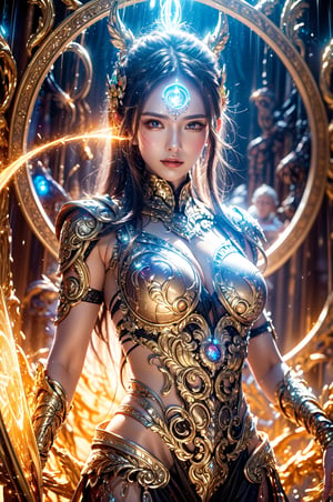 (goddess,venus,iron woman),busty,(Intricate luminous armor design:1.2),white plasma electromagnetic shield,crystal and silver entanglement,Star flash,(Persian Paisley clothes),glowing forehead