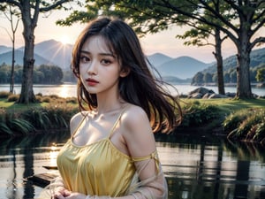 Best work, (Best quality, ,HDR, 8k, 32k, raw photo, photorealistic, UHD:1.2), beautiful 20 year old girl in long yellow dress at the lakeside in a forest, eyes, black hair, detailed face, perfect face, pond, dark sky, lights in the background, realism, red sky, detailed sky, realistic clouds, sun, bright environment, late afternoon, sun rays in the clouds