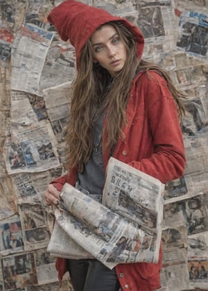  big hair, hair flowing over, messy hair, blue eyes, choker, closed mouth, collar, dog tail, hand in pocket, hat, hat with ears, hood, hoodie, jacket, red jacket, long hair, long sleeves, looking at viewer, nail polish, open clothes, open jacket, newspaper wall background,