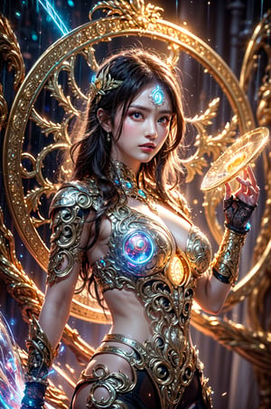 (goddess,venus,iron woman),busty,(Intricate luminous armor design:1.2),white plasma electromagnetic shield,crystal and silver entanglement,Star flash,(Persian Paisley clothes),glowing forehead