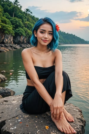 Hight quality, best quality, hd, 8k, reaslistic, draw me a picture of a handsome Indonesian woman with blue hair and yellow eyes, who is sitting on a rock next to a body of water. She is wearing a black outfit with red clouds on it, and she is also wearing a red flower in her hair, beautiful face, full body shot, detail skin, detail hands, looking at view, random pose, smile, perfect finger,hand