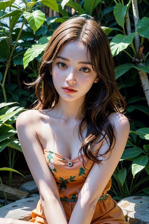 a portrait of a young woman sitting on a rock in a tropical setting. She is wearing a strapless orange dress with a floral pattern and her hair is styled in loose waves. The woman is holding a large green leaf in her right hand and is looking off to the side with a serious expression on her face. The background is blurred, but it appears to be a wooded area with trees and foliage. The lighting is soft and natural, creating a dreamy atmosphere