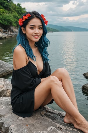 Hight quality, best quality, hd, 8k, reaslistic, draw me a picture of a handsome Indonesian woman with blue hair and yellow eyes, who is sitting on a rock next to a body of water. She is wearing a black outfit with red clouds on it, and she is also wearing a red flower in her hair, beautiful face, full body shot, detail skin, detail hands, looking at view, random pose, smile, perfect finger,hand