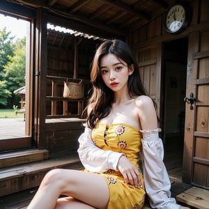 a young woman sitting on a wooden staircase in a hut. She is wearing a long, flowing dress with a red and yellow pattern. The dress has a strapless neckline and long sleeves. She has long dark hair and is resting her head on her hand. The hut has a thatched roof and there are various items scattered around the room. The overall atmosphere of the image is rustic and cozy.