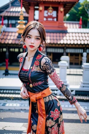 Photo of a dancer wearing a unique motif batik kebaya with red and black colors, temple in background, low angle shot, motion blur, unsplash photography style,masterpiece,best quality