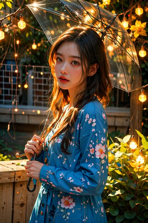 an asian woman holding a transparent umbrella adorned with numerous small, glowing lights. These lights are arranged in a pattern that resembles a string of fairy lights, which gives the umbrella a magical or whimsical appearance. The individual is dressed in a long-sleeve top and appears to be posing for the photograph. The background suggests an indoor setting with brick walls and additional decorative lighting, contributing to the overall enchanting atmosphere of the scene.