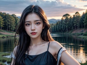 Best work, (Best quality, ,HDR, 8k, 32k, raw photo, photorealistic, UHD:1.2), beautiful 20 year old girl in long black dress at the lakeside in a forest, eyes, black hair, detailed face, perfect face, pond, dark sky, lights in the background, realism, red sky, detailed sky, realistic clouds, sun, bright environment, late afternoon, sun rays in the clouds