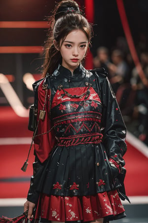 1girl, 8k, best quality, masterpiece, realistic, ultra-detailed, photo-realistic, improved quality, looking at the audience, soft expression, fashion stage, catwalk (female eight generals clothing), chains, fashion, hand dragging long iron chain,