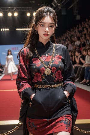 1girl, 8k, best quality, masterpiece, realistic, ultra-detailed, photo-realistic, improved quality, looking at the audience, soft expression, fashion stage, catwalk (female eight generals clothing), chains, fashion, hand dragging long iron chain,