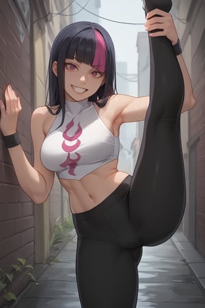  smile, fang, (score_9, score_8_up, score_7_up),masterpiece, high-quality,perfect anatomy, expressive eyes,(perfect face),neon,((in rainy alley)),hime cut, dyed bangs, dudou, sleeveless, bellybutton, yoga pants, black bracelet,standing on one leg,standing split,leg hold,leg lift,jurims 