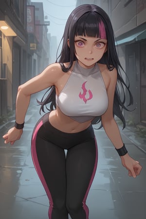 Surprised eyes,closed mouth, fang, (score_9, score_8_up, score_7_up),masterpiece, high-quality,perfect anatomy, expressive eyes,(perfect face),neon,((in rainy alley)),hime cut,long hair, dyed bangs, dudou, sleeveless, bellybutton, yoga pants, black bracelet,jurims,