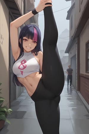  smile, fang, (score_9, score_8_up, score_7_up),masterpiece, high-quality,perfect anatomy, expressive eyes,(perfect face),neon,((in rainy alley)),hime cut,long hair, dyed bangs, dudou, sleeveless, bellybutton, yoga pants, black bracelet,standing on one leg,standing split,leg hold,leg lift,jurims 