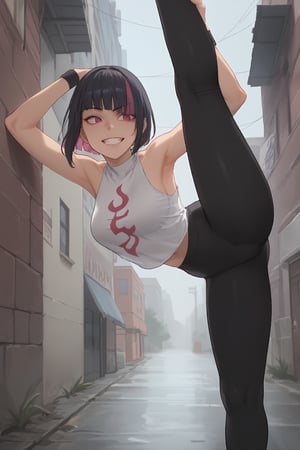  smile, fang, (score_9, score_8_up, score_7_up),masterpiece, high-quality,perfect anatomy, expressive eyes,(perfect face),neon,((in rainy alley)),hime cut, dyed bangs, dudou, sleeveless, bellybutton, yoga pants, black bracelet,standing on one leg,standing split,leg hold,leg lift,jurims 