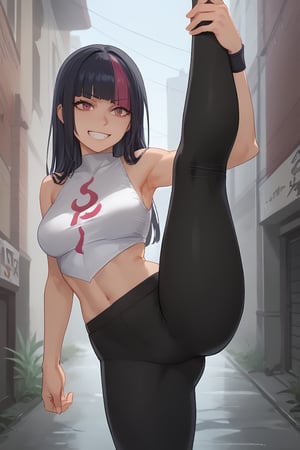  smile, fang, (score_9, score_8_up, score_7_up),masterpiece, high-quality,perfect anatomy, expressive eyes,(perfect face),neon,((in rainy alley)),hime cut,long hair, dyed bangs, dudou, sleeveless, bellybutton, yoga pants, black bracelet,standing on one leg,standing split,leg hold,leg lift,jurims 