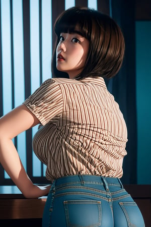 TendouNabiki, ((white red stripe shirt)), ((blue jeans)), curly short bob curvy bang brown hair, brown eyes, curvy wide hips, thicc juicy butt, Bootylicious, hands on hips, back_view looking-at-viewer, strip club, masterpiece, best quality, detailed face, detailed, highres, cinematic moviemaker style,