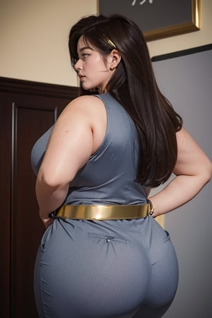 blue business suit, grey violet pants, black tie, red belt with gold ring in the middle, long brown hair, blue eyes, thicc big hips, curvy_hips, big butt, both hands over hips, back view, office, masterpiece, best quality, detailed face, detailed eyes, highres,

