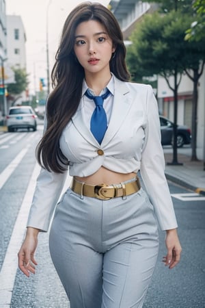 kasumi tendou, blue business suit, grey white  pants, diaper pants, white tie, red belt with gold ring in the middle, long brown hair, blue eyes, thicc big hips, curvy_hips, diaper butt,walking in raining street, masterpiece, best quality, detailed face, detailed eyes, highres,
