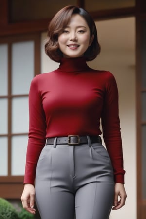 Miki Saegusa, Megumi Odaka, Japanese actress, sole_female, 24 years old, red long sleeves turtleneck shirt, (grey pants)), curly short bob curvy bang brown hair, brown eyes, curvy wide hips, Thicc Juicy Big Butt, Bootylicious, hands on hips, back_view, looking-at-viewer, outside of the house, masterpiece, best quality, detailed face, detailed, highres, cinematic moviemaker style, ,