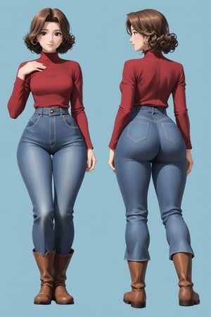 Age 42-year-old, red long sleeves turtleneck shirt, tight brown color trousers pants, no strings boots, long curly short bob and curved bang brown hair, brown eyes, curvy wide hips, Thicc Juicy jiggling Big Butt, 51 inches butt, character_sheet, masterpiece, best quality, detailed face, detailed buttocks and tight pants, 4K detailed pants, detailed hair, high-resolution, Shinji_Nishikawa_Artstyle, Shoujo_Anime,90s Aesthetic, 1980s \(style\), 