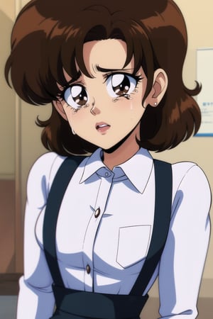 1girl, looking at viewer, curvy wave brown hair, shirt, 1girl, white shirt, upper body, parted lips, solo focus, long sleeves collared shirt, brown eyes, uniform, black suspenders, crying, masterpiece, best quality, detailed face, HD detailed, high_resolution, Shinji_Nishikawa_Artstyle, Shoujo_Anime,90s Aesthetic,retro artstyle