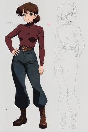 24 year old Milf Female, red long sleeves turtleneck shirt,tight brown trousers, grey boots, short neck curvy bang brown hair, brown eyes, curvy wide hips, Thicc Juicy Big Butt, 40 inches butt, character_sheet, looking-at-viewer, masterpiece, best quality, detailed face, HD detailed, high_resolution, Shinji_Nishikawa_Artstyle, Shoujo_Anime,90s Aesthetic,1girl, breasts, looking at viewer, smile, short hair, brown hair, shirt, brown eyes, medium breasts, full body, ass, heart, boots, belt, looking back, pants, sweater, english text, sketch, hand on hip, multiple views, mask, turtleneck, traditional media, red shirt, curly hair, mouth mask, retro artstyle, reference sheet, 1980s \(style\), 