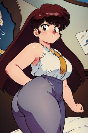 Kuonji Ukyo, grey business suit, grey pants, white tie, long brown hair, brown eyes, thicc big hips, curvy_hips, nice ass, bedroom, masterpiece, best quality, detailed face, detailed eyes, highres,
