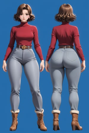 Age 24-year-old, red long sleeves turtleneck shirt, tight brown trousers pants, grey rain boots, curly curvy short bob and curved bang brown hair, brown eyes, curvy wide hips, Thicc Juicy jiggling Big Butt, 51 inches butt, character_sheet, masterpiece, best quality, detailed face, detailed buttocks and tight pants, 4K detailed, detailed hair, high-resolution, Shinji_Nishikawa_Artstyle, Shoujo_Anime,90s Aesthetic, 1980s \(style\), 