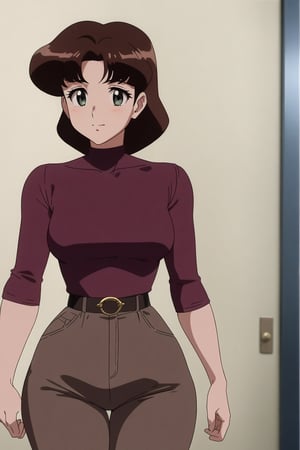 24 year old Milf Female, red long sleeves turtleneck shirt,tight brown trousers, grey boots, short neck curvy bang brown hair, brown eyes, curvy wide hips, Thicc Juicy Big Butt, 40 inches butt, character_sheet, looking-at-viewer, masterpiece, best quality, detailed face, HD detailed, high_resolution, Shinji_Nishikawa_Artstyle, Shoujo_Anime,90s Aesthetic,gunsmith,lum