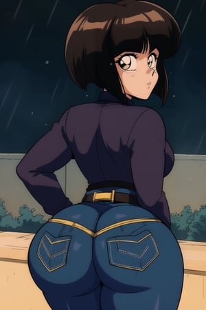 , yellow long sleeves button shirt, purple jeans,  brown belt, brown hair,  brown eyes, wide big butt, kim kardashian style butt, thicc curvy hips, love_expression, walking, back view, looking_at_viewer, raining ally street, masterpiece,  best quality,  detailed face,  detailed eyes,  highres, Extremely Realistic, ,filmic, 80s film
,TendouNabiki