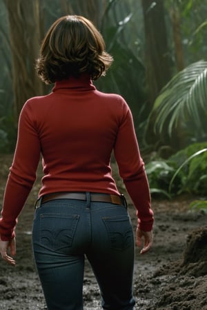 Jennifer love hewitt, red long sleeves turtleneck shirt, thicc jeans, curly short bob curvy bang brown hair, brown eyes, curvy wide hips, thicc juicy butt, Bootylicious, knock out on the muddy ground, back_view stormy jungle, masterpiece, best quality, detailed face, detailed, highres, cinematic moviemaker style,LegendDarkFantasy,JenniferloveHewitt