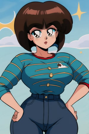 TendouNabiki, ((white red stripe shirt)), ((blue jeans)), curly short bob curvy bang brown hair, brown eyes, curvy wide hips, thicc juicy butt, Bootylicious, hands on hips, looking-at-viewer, strip club, masterpiece, best quality, detailed face, detailed, highres, cinematic moviemaker style,