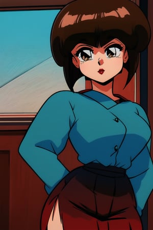 TendouNabiki, ((blue long sleeves)), ((red skirt)), curly short bob curvy bang brown hair, brown eyes, curvy wide hips, thicc butt implants, Bootylicious, hands on hips, looking-at-viewer, strip club, masterpiece, best quality, detailed face, detailed, highres, cinematic moviemaker style,