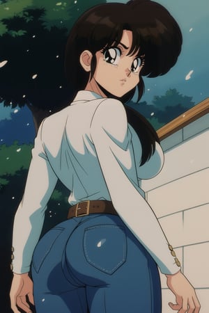 kasumi tendo,  yellow long sleeves button shirt,  grey purple jeans,  brown belt with silver buckle in the middle, brown hair,  brown eyes, wide big butt, thicc curvy hips, love_expression, walking, back view, looking_at_viewer, raining ally street, masterpiece,  best quality,  detailed face,  detailed eyes,  highres, Extremely Realistic, ,filmic, 80s film
