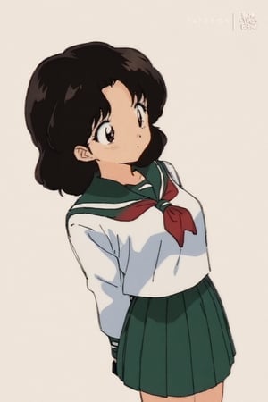 1girl, solo, long hair, looking at viewer, skirt, simple background, shirt, black hair, long sleeves, white background, brown eyes, closed mouth, school uniform, standing, white shirt, cowboy shot, pleated skirt, serafuku, sailor collar, neckerchief, wavy hair, expressionless, green skirt, red neckerchief, arms at sides, retro artstyle, green sailor collar