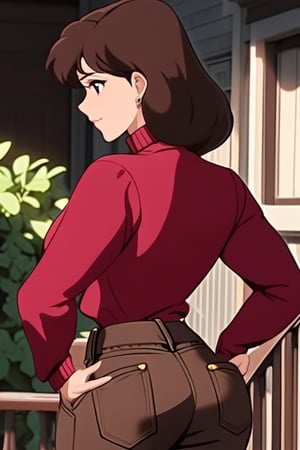 sole_female, 24 years old, ((red long sleeves turtleneck shirt)), ((brown jeans)), curly short bob curvy bang brown hair, brown eyes, curvy wide hips, Thicc Juicy Big Butt, Bootylicious, hands on hips, back_view, looking-at-viewer, outside of the house, masterpiece, best quality, detailed face, detailed, highres, cinematic moviemaker style