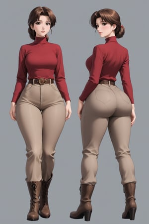 Age 42-year-old, red long sleeves turtleneck shirt, tight brown trousers pants, grey rain boots, long curvy bang brown hair, brown eyes, curvy wide hips, Thicc Juicy jiggling Big Butt, 51 inches butt, character_sheet, masterpiece, best quality, detailed face, detailed buttocks and tight pants, 4K detailed, high-resolution, Shinji_Nishikawa_Artstyle, Shoujo_Anime,90s Aesthetic, 1980s \(style\), 