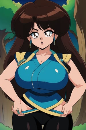 ukyo kuonji, brown_hair, brown eyes, ukyo outfit,black leggins, big thicc hips, nature, hands over hips, damsel in distress, masterpiece, best quality, detailed face, detailed eyes, highres,
