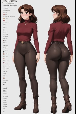 Age 24-year-old, red long sleeves turtleneck shirt, tight black work businesstrousers pants, grey rain boots, long curvy bang brown hair, brown eyes, curvy wide hips, Thicc Juicy jiggling Bulge Big Butt, 51 inches butt, blushing in embarrassment, girl looking at her butt in shock expression, mouth agape, inflating butt, hand_on_butt,  character_sheet, masterpiece, best quality, detailed face, detailed buttocks and tight stretch pants, 4K detailed, high-resolution, Shinji_Nishikawa_Artstyle, Shoujo_Anime,90s Aesthetic, 1980s \(style\), 