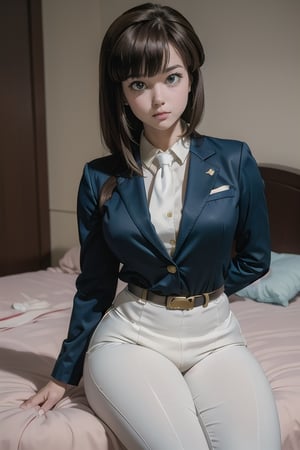 nabiki, blue business suit, grey white  pants, diaper pants, white tie, red belt with gold ring in the middle, long brown hair, blue eyes, thicc big hips, curvy_hips, diaper butt,sittingdown on bed, masterpiece, best quality, detailed face, detailed eyes, highres,
