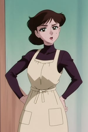 sole_female, 35 years old, ((red long sleeves turtleneck shirt)), ((white tan apron dress)), curly short bob curvy bang brown hair, brown eyes, curvy wide hips, Bootylicious, ((hands on hips)), looking-at-viewer, masterpiece, best quality, detailed face, detailed, highres, cinematic moviemaker style, EPTakeuchiNaokoStyle