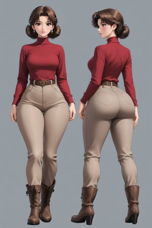 Age 24-year-old, red long sleeves turtleneck shirt, tight brown trousers pants, grey rain boots, curly curvy bang brown hair, brown eyes, curvy wide hips, Thicc Juicy jiggling Big Butt, 51 inches butt, character_sheet, masterpiece, best quality, detailed face, detailed buttocks and tight pants, 4K detailed, detailed hair, high-resolution, Shinji_Nishikawa_Artstyle, Shoujo_Anime,90s Aesthetic, 1980s \(style\), 