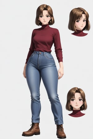 Age 42-year-old, red long sleeves turtleneck shirt, tight brown color trousers pants, no strings boots, long curvy short bob and curved bang brown hair, brown eyes, curvy wide hips, Thicc Juicy jiggling Big Butt, 51 inches butt, character_sheet, masterpiece, best quality, detailed face, detailed buttocks and tight pants, 4K detailed pants, detailed hair, high-resolution, Shinji_Nishikawa_Artstyle, Shoujo_Anime,90s Aesthetic, 1980s \(style\), 