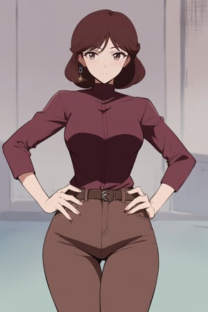 sole_female, 24 years old, ((red long sleeves turtleneck shirt)), ((brown jeans)), curly short bob curvy bang brown hair, brown eyes, curvy wide hips, Thicc Juicy Big Butt, Bootylicious, bending over , ((hands on hips)), looking-at-viewer, masterpiece, best quality, detailed face, detailed, highres, cinematic moviemaker style,EPTakeuchiNaokoStyle,801TTS,anime,90s