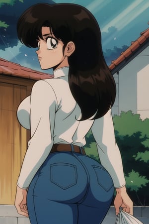 kasumi tendo,  red long sleeves turtleneck shirt,  brown jeans,  black belt with silver buckle in the middle,  curly long bob curvy bang brown hair,  brown eyes, wide big butt, thicc curvy hips, love_expression, walking, back view, looking_at_viewer, raining ally street, masterpiece,  best quality,  detailed face,  detailed eyes,  highres, Extremely Realistic, ,filmic, 80s film
