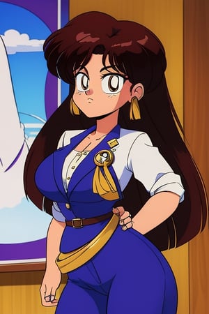 Kuonji Ukyo, solo, 1 women, blue business suit, violet pants, white tie, red belt with gold ring in the middle, long brown hair, brown eyes, thicc big hips, curvy_hips, both hands over hips, office, back view, looking_at_viewer, masterpiece, best quality, detailed face, detailed eyes, highres, HD quality 
